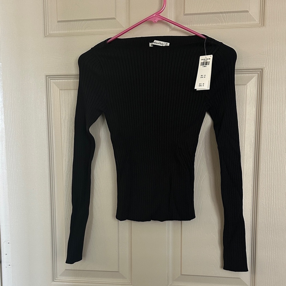 Abercrombie & Fitch Black Ribbed Boat Neck Long Sleeve Top